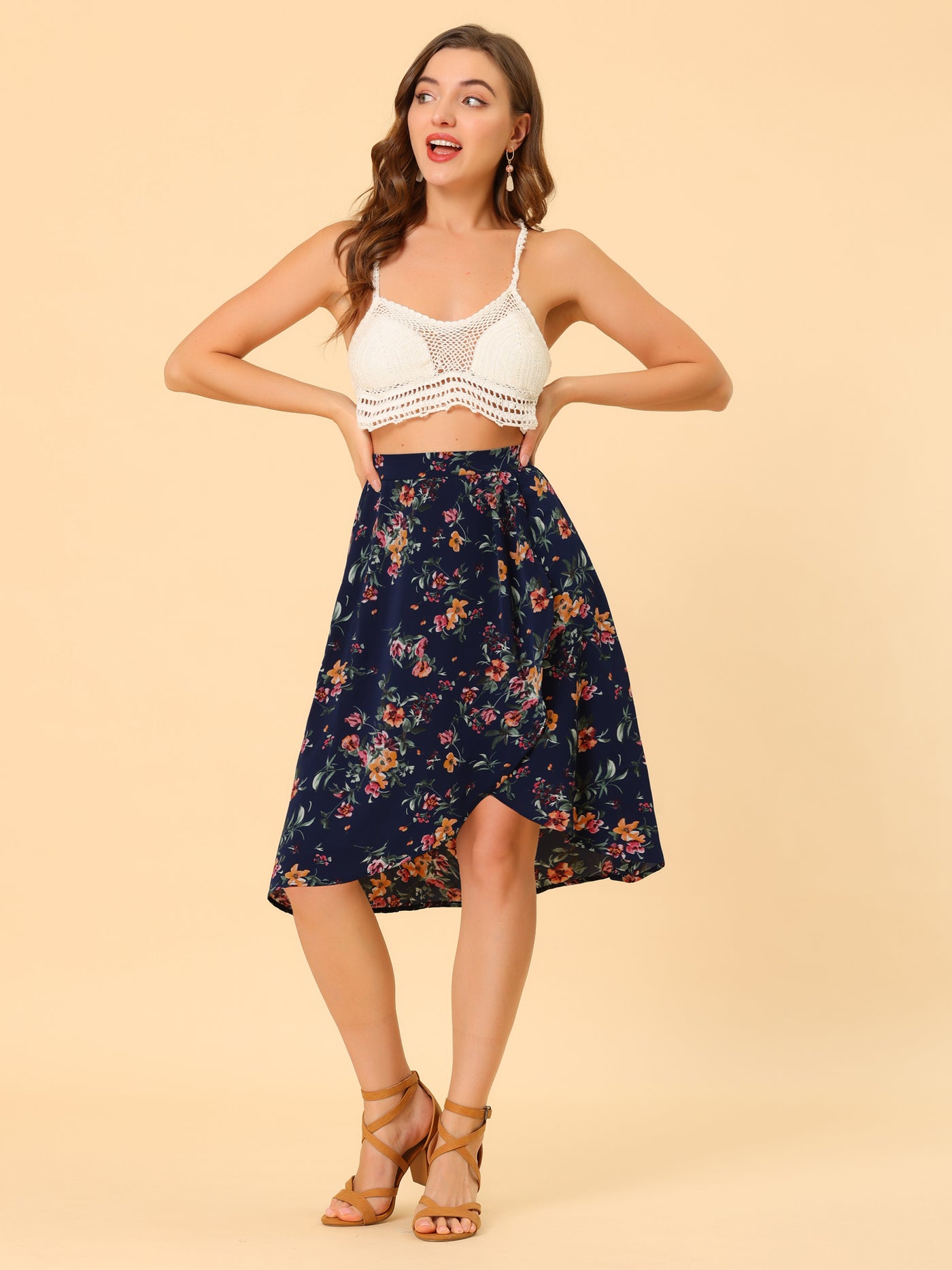 Allegra K Floral High Waist Split Summer Boho Midi Wrap Skirt