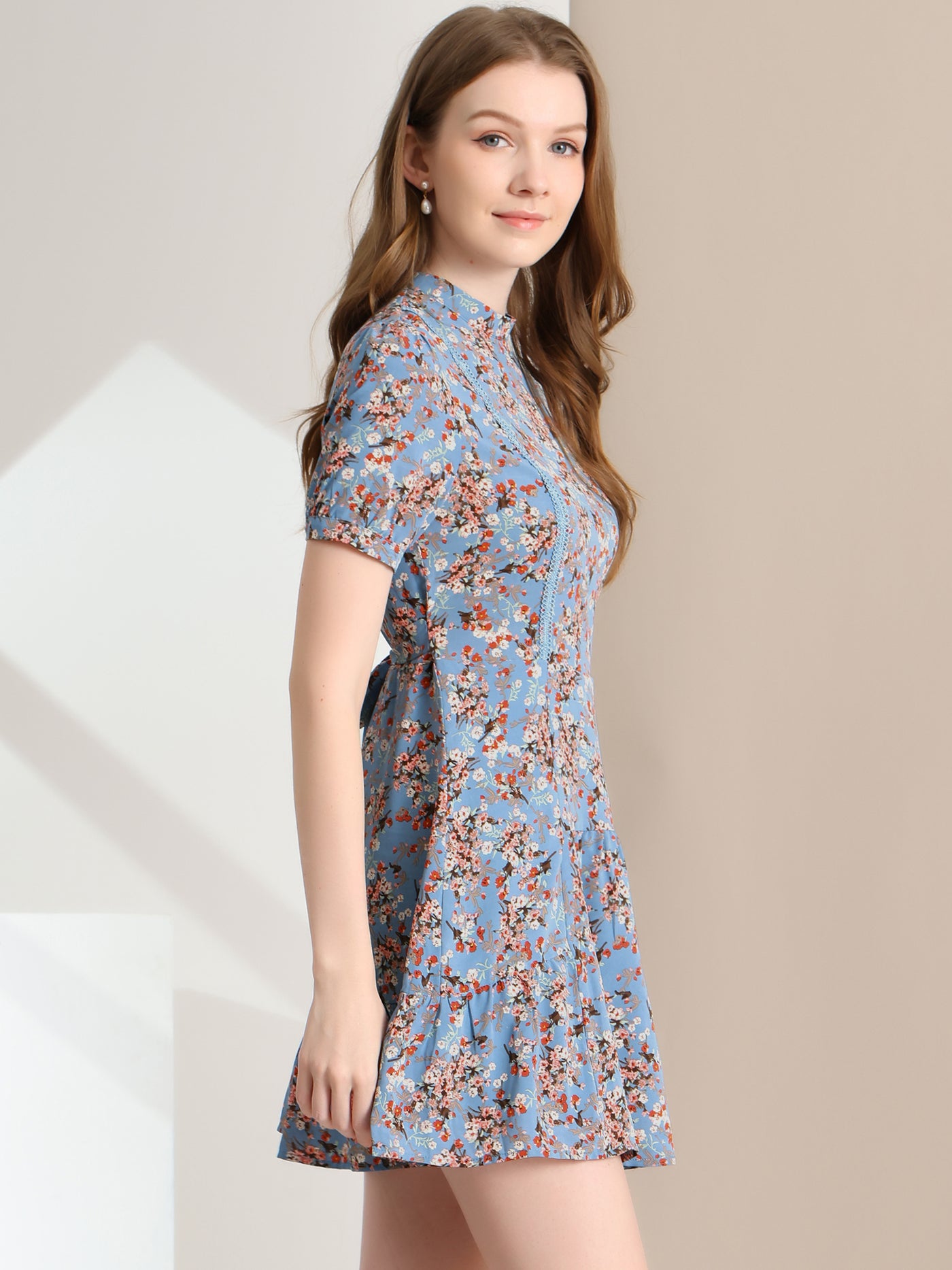 Allegra K Floral Printed Short Sleeve Self Tie Summer Mini Dress