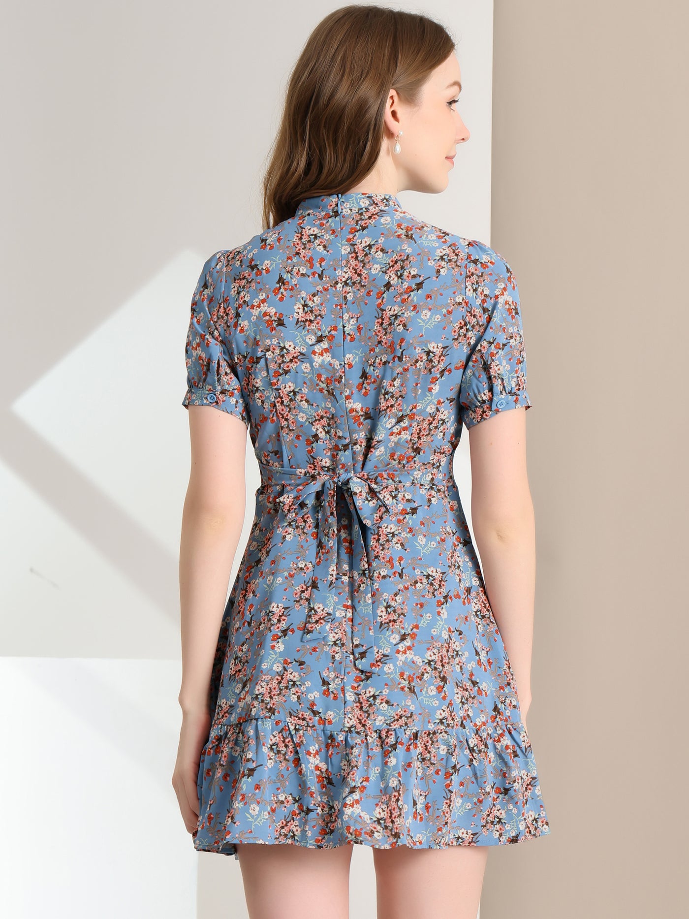 Allegra K Floral Printed Short Sleeve Self Tie Summer Mini Dress