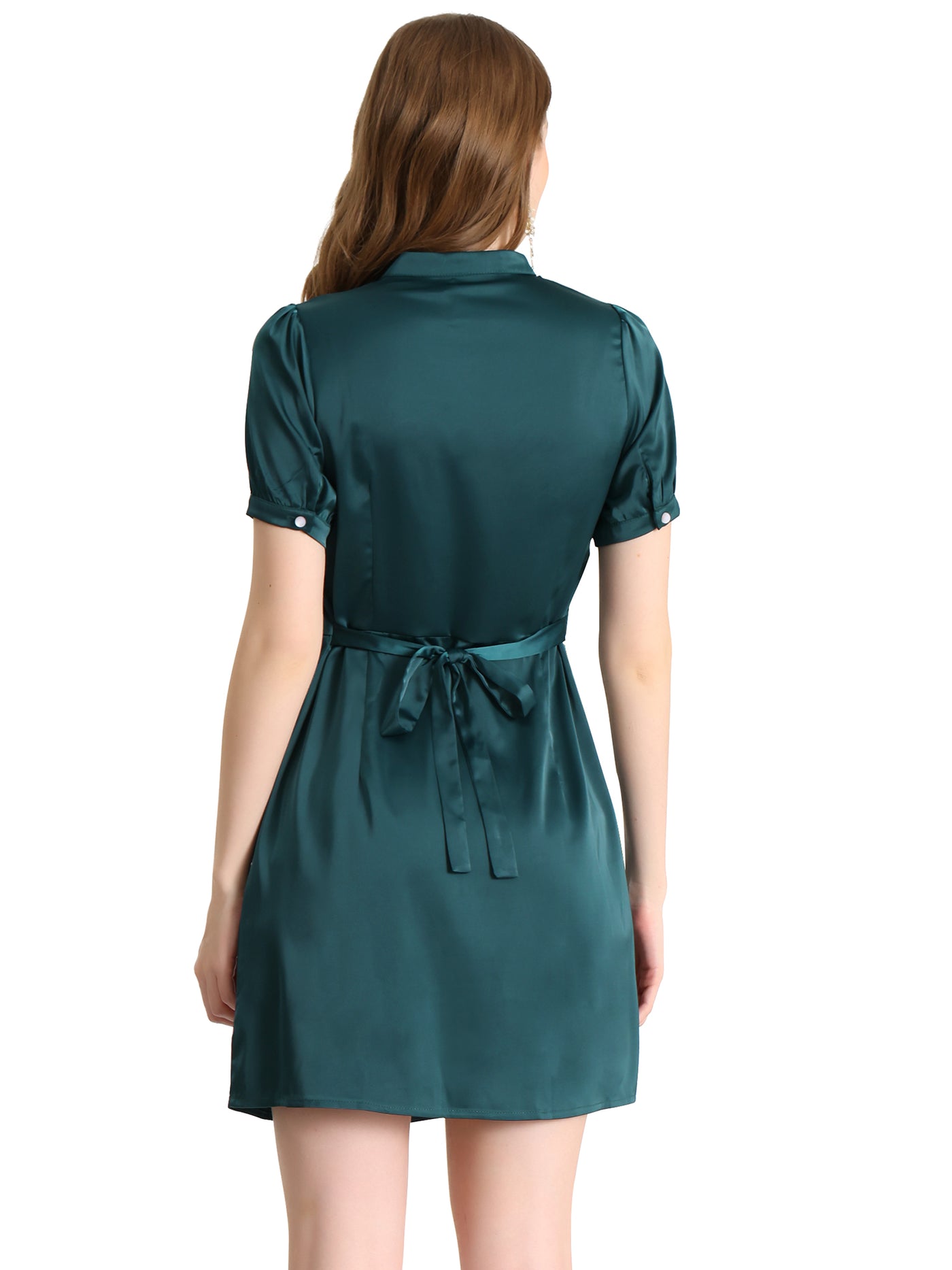 Allegra K Elegant Choker Neck Belt Waist Short Sleeves Satin Mini Dress