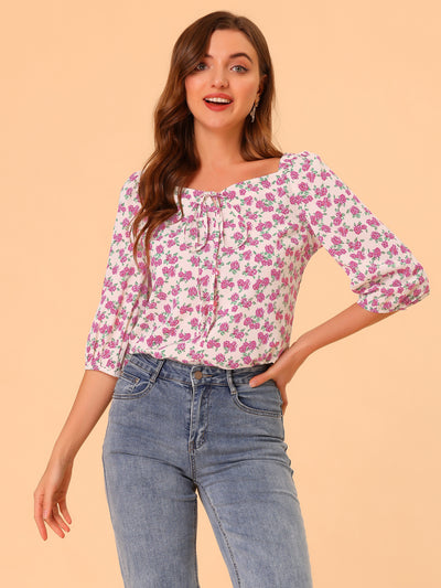 Floral Square Neck Half Sleeve Print Summer Shirt Blouse