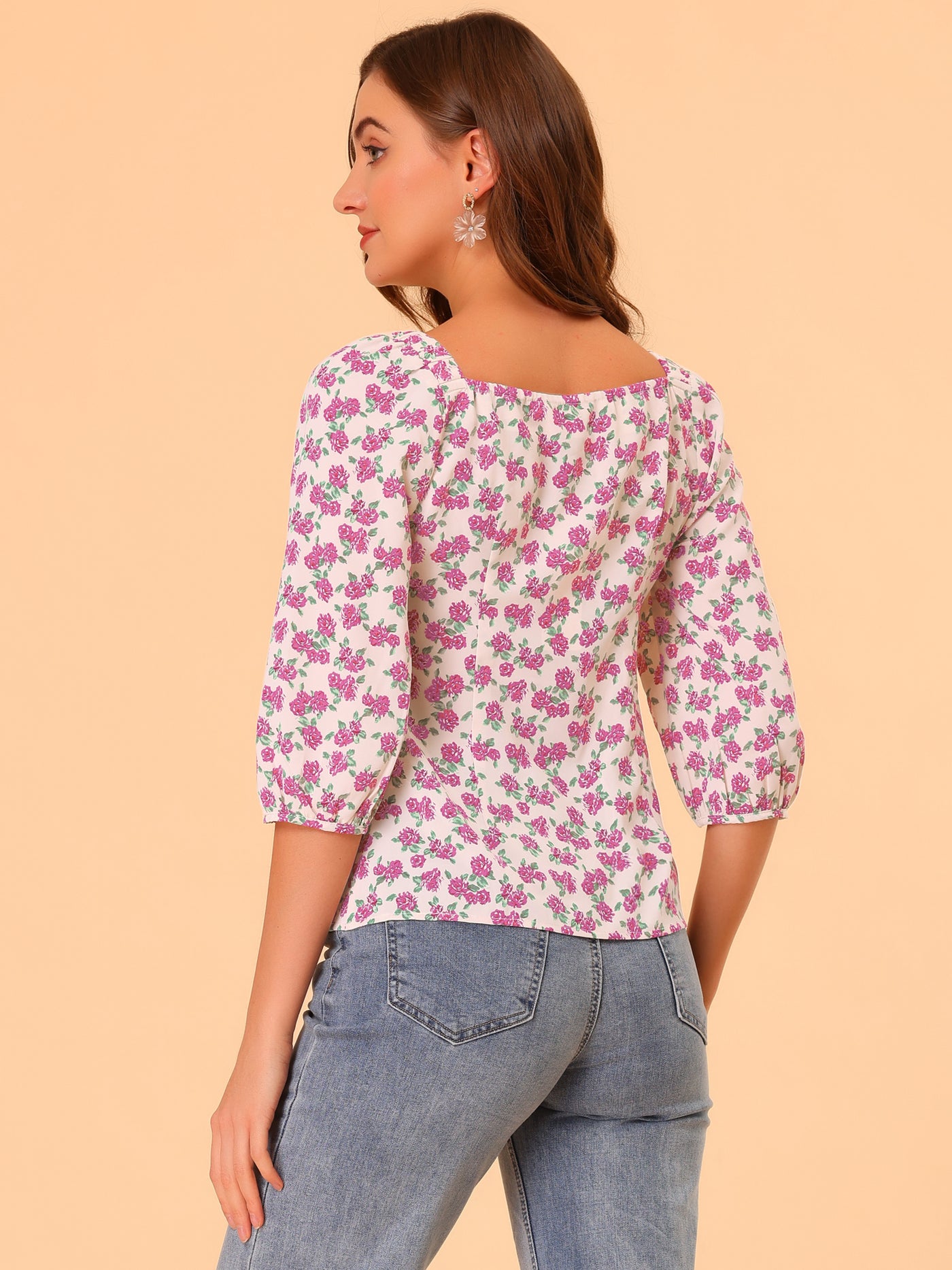 Allegra K Floral Square Neck Half Sleeve Print Summer Shirt Blouse