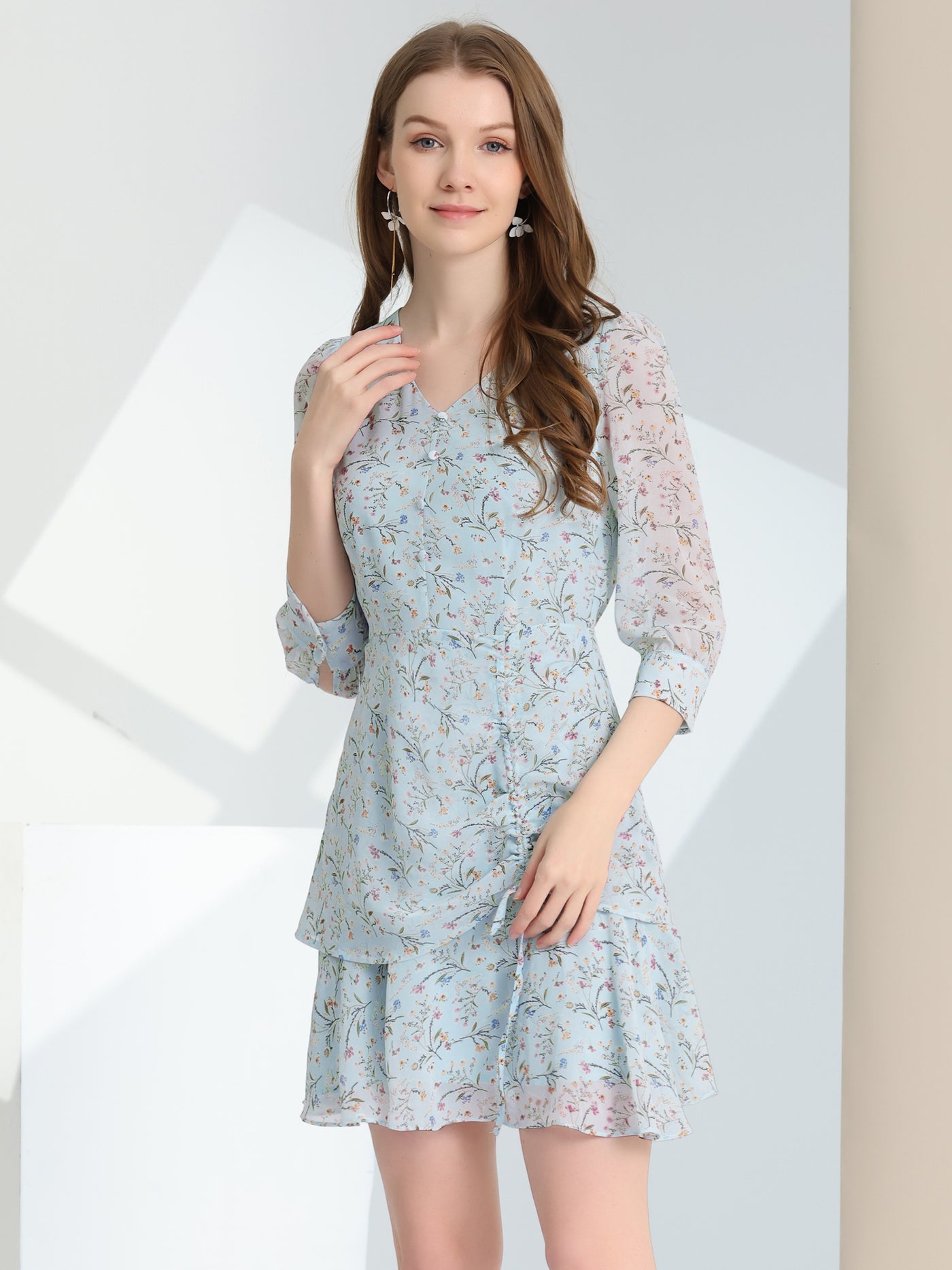 Allegra K 3/4 Sleeve Ruffle Hem Buttons Decor Drawstring Ruched Chiffon Dress