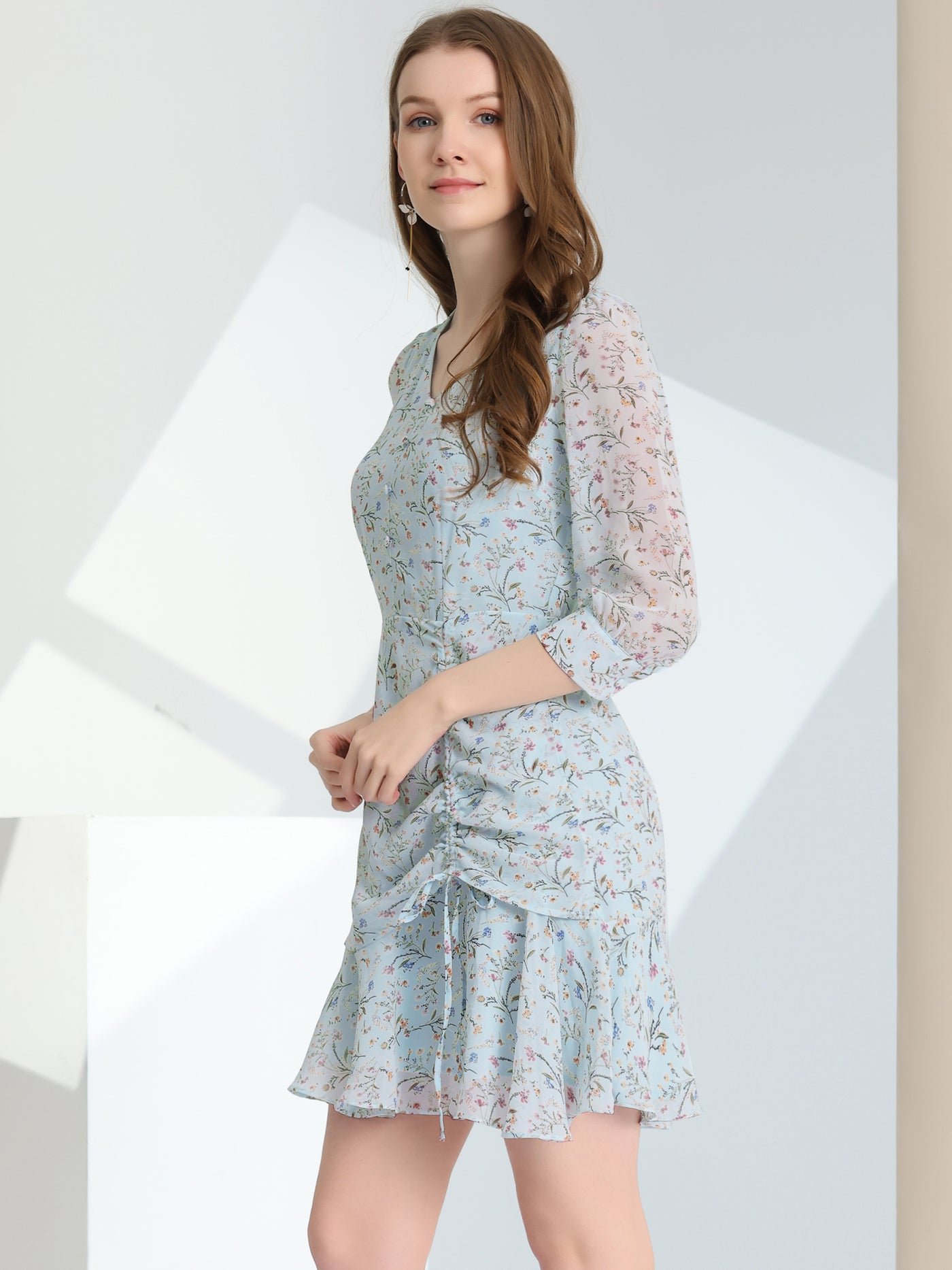 Allegra K 3/4 Sleeve Ruffle Hem Buttons Decor Drawstring Ruched Chiffon Dress