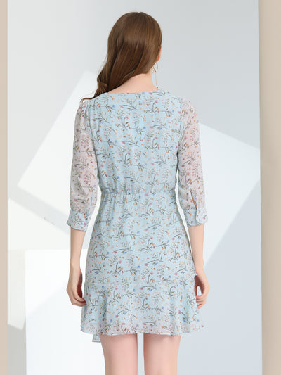 3/4 Sleeve Ruffle Hem Buttons Decor Drawstring Ruched Chiffon Dress