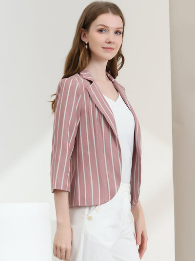 Striped 3/4 Sleeve Open Front Notched Lapel Blazer