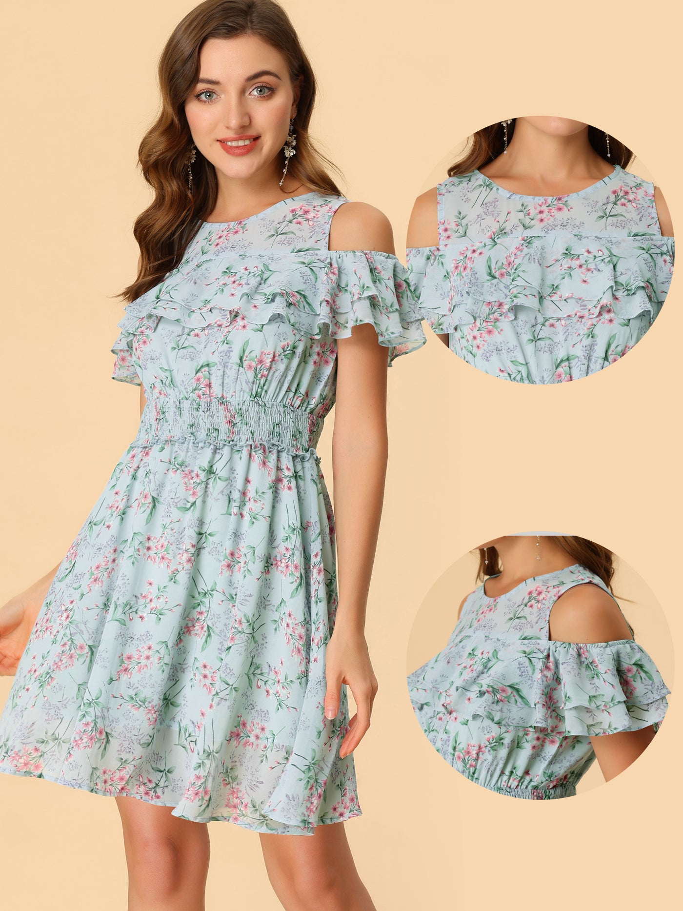 Allegra K Cold Shoulder Summer Smocked Waist Chiffon Floral Mini Dress