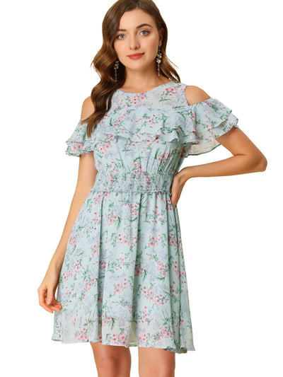 Cold Shoulder Summer Smocked Waist Chiffon Floral Mini Dress