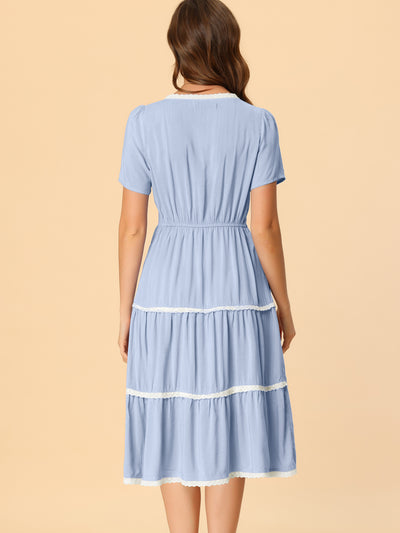 Elegant Midi Short Sleeve Tiered Square Neck Long Dress