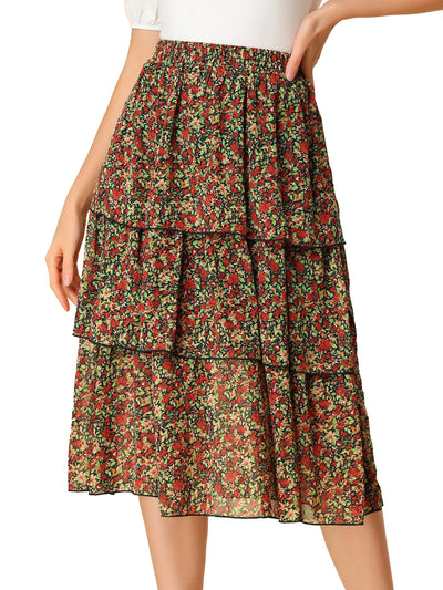 Floral Ruffle Hem High Waist Layered Midi Skirt