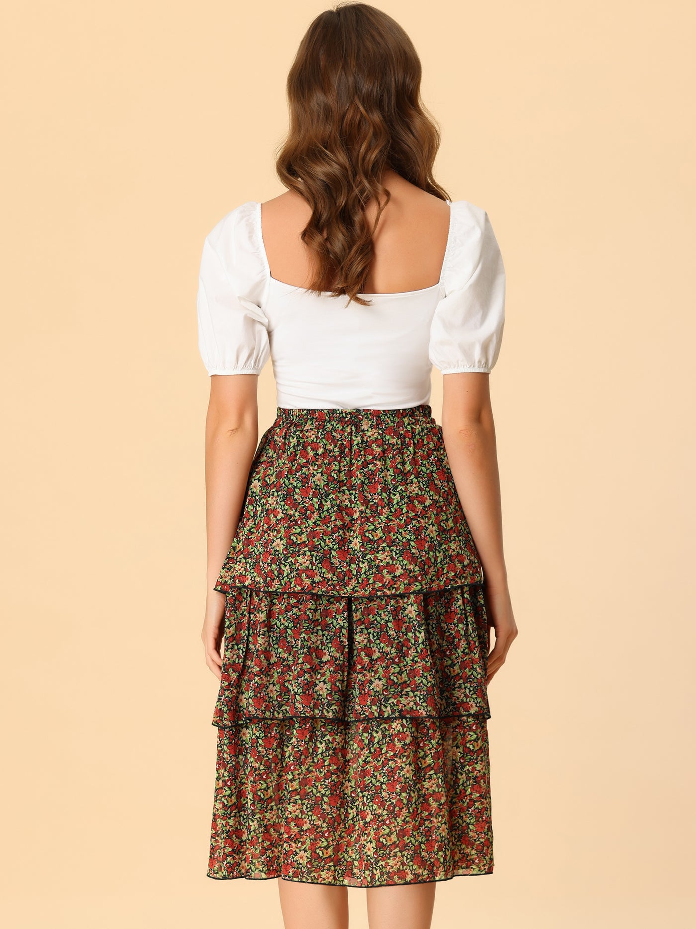 Allegra K Floral Ruffle Hem High Waist Layered Midi Skirt