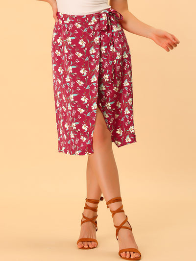 Summer Floral Print Tie Waist Vacation Wrap Skirt