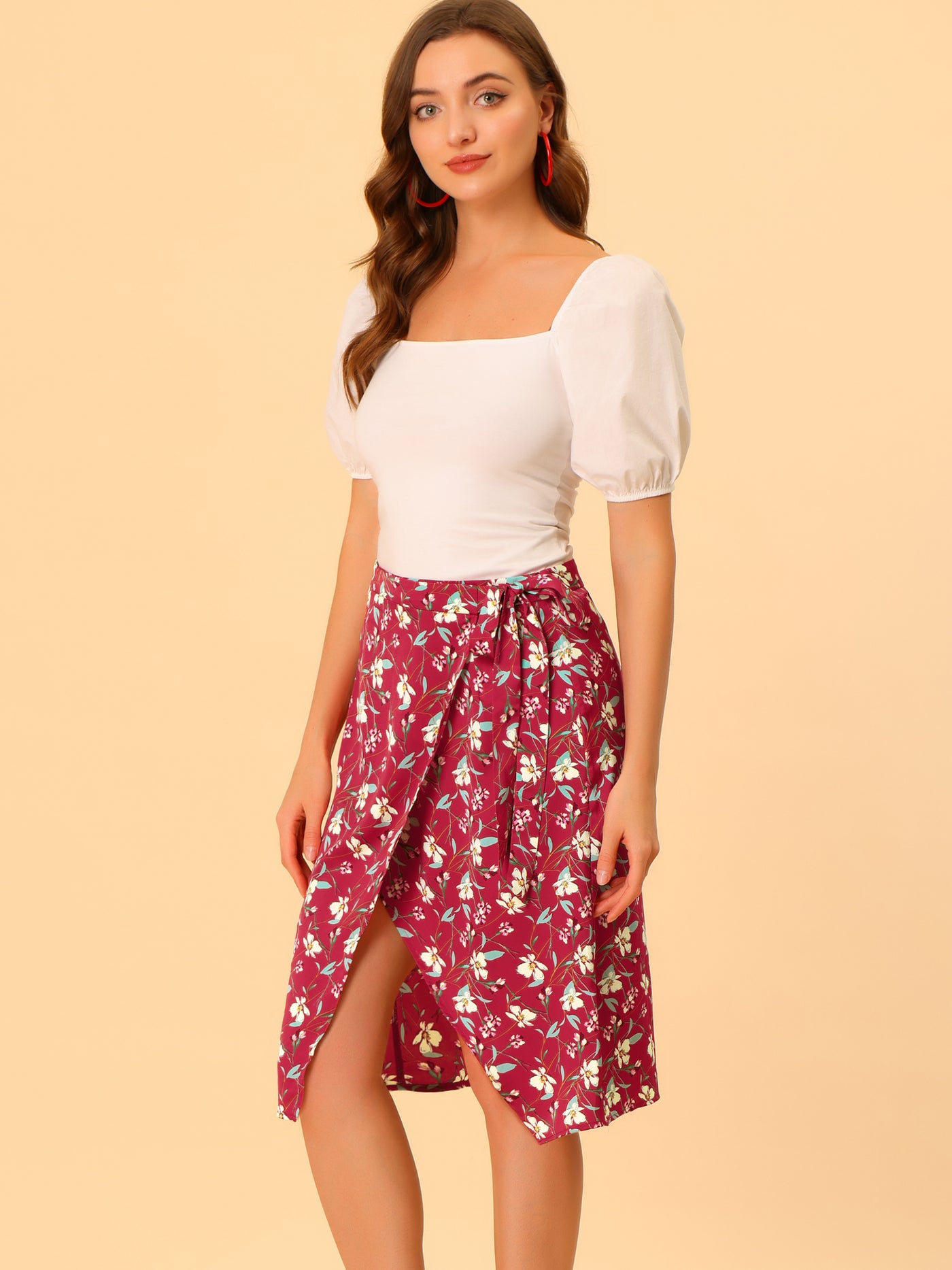 Allegra K Summer Floral Print Tie Waist Vacation Wrap Skirt