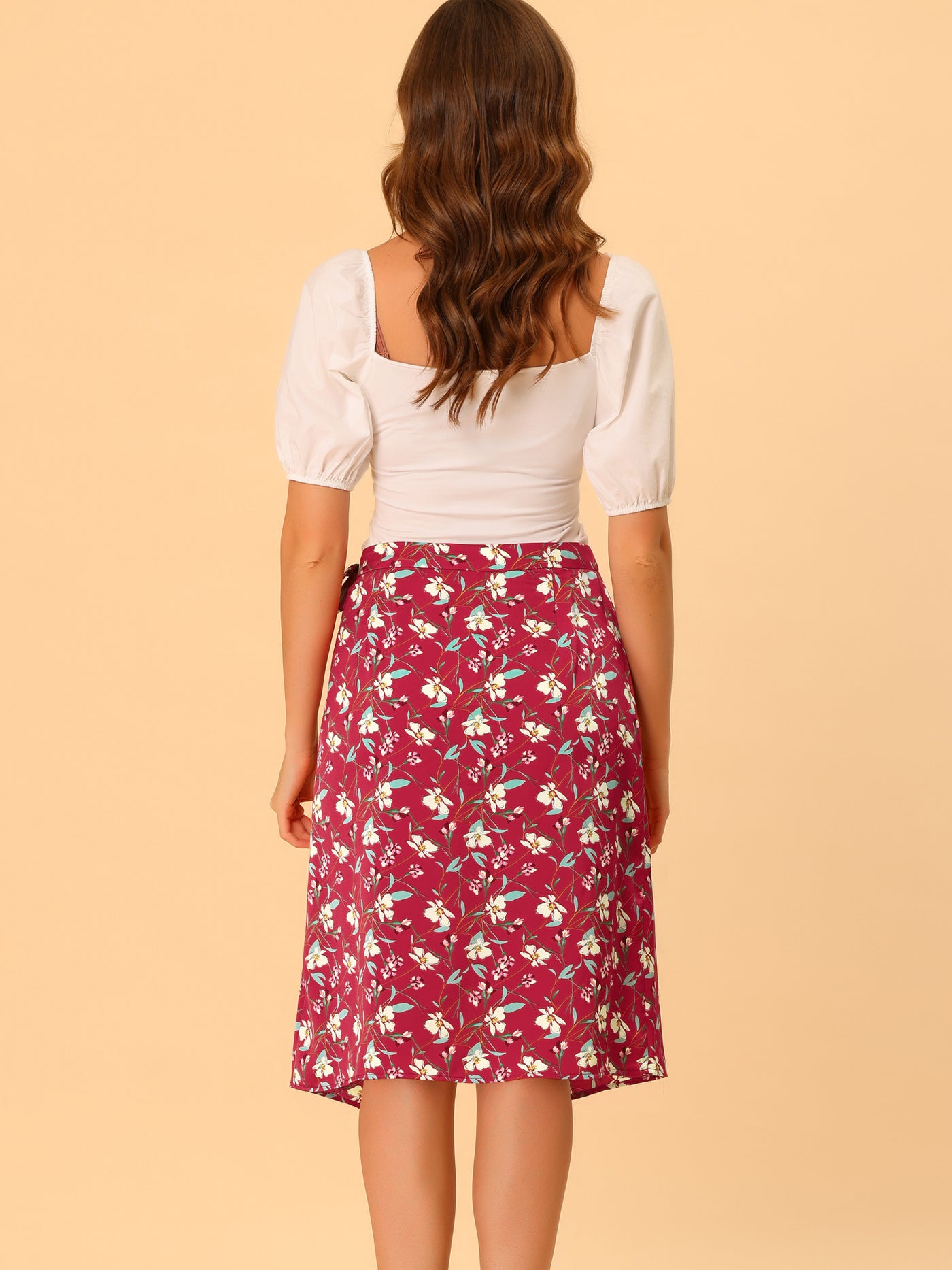 Allegra K Summer Floral Print Tie Waist Vacation Wrap Skirt