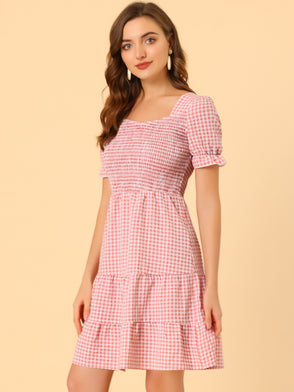 Plaid Gingham Square Neck Ruffles Tiered Smocked Puff Sleeve Dress