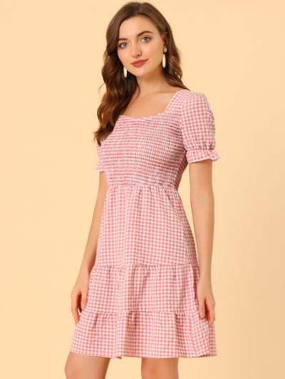 Allegra K Plaid Gingham Square Neck Ruffles Tiered Smocked Puff Sleeve Dress