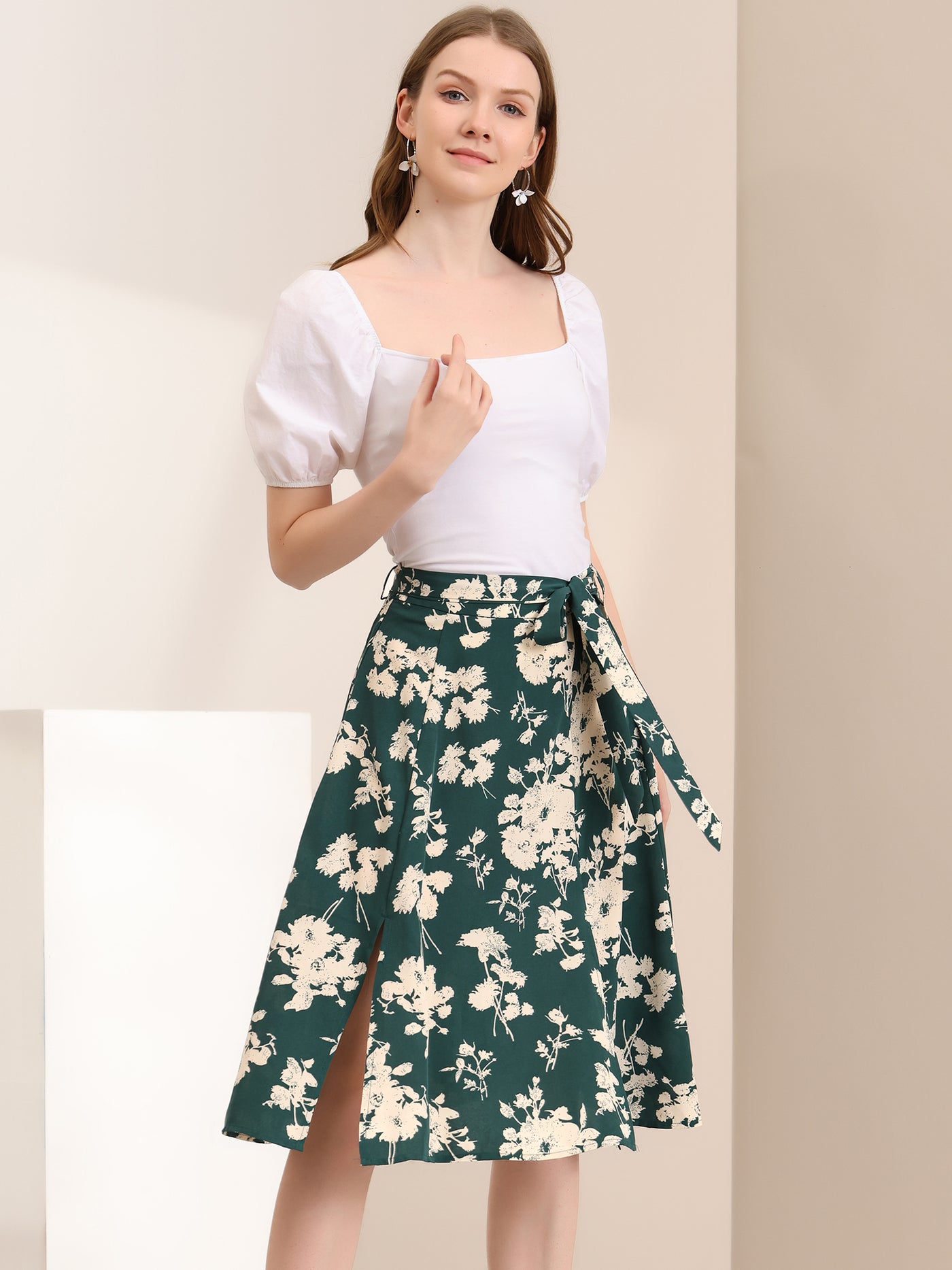 Allegra K Slits Front High Waist A-Line Belted Floral Flowy Midi Skirt