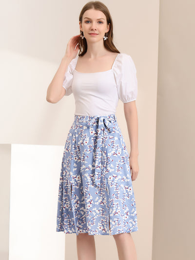 Slits Front High Waist A-Line Belted Floral Flowy Midi Skirt
