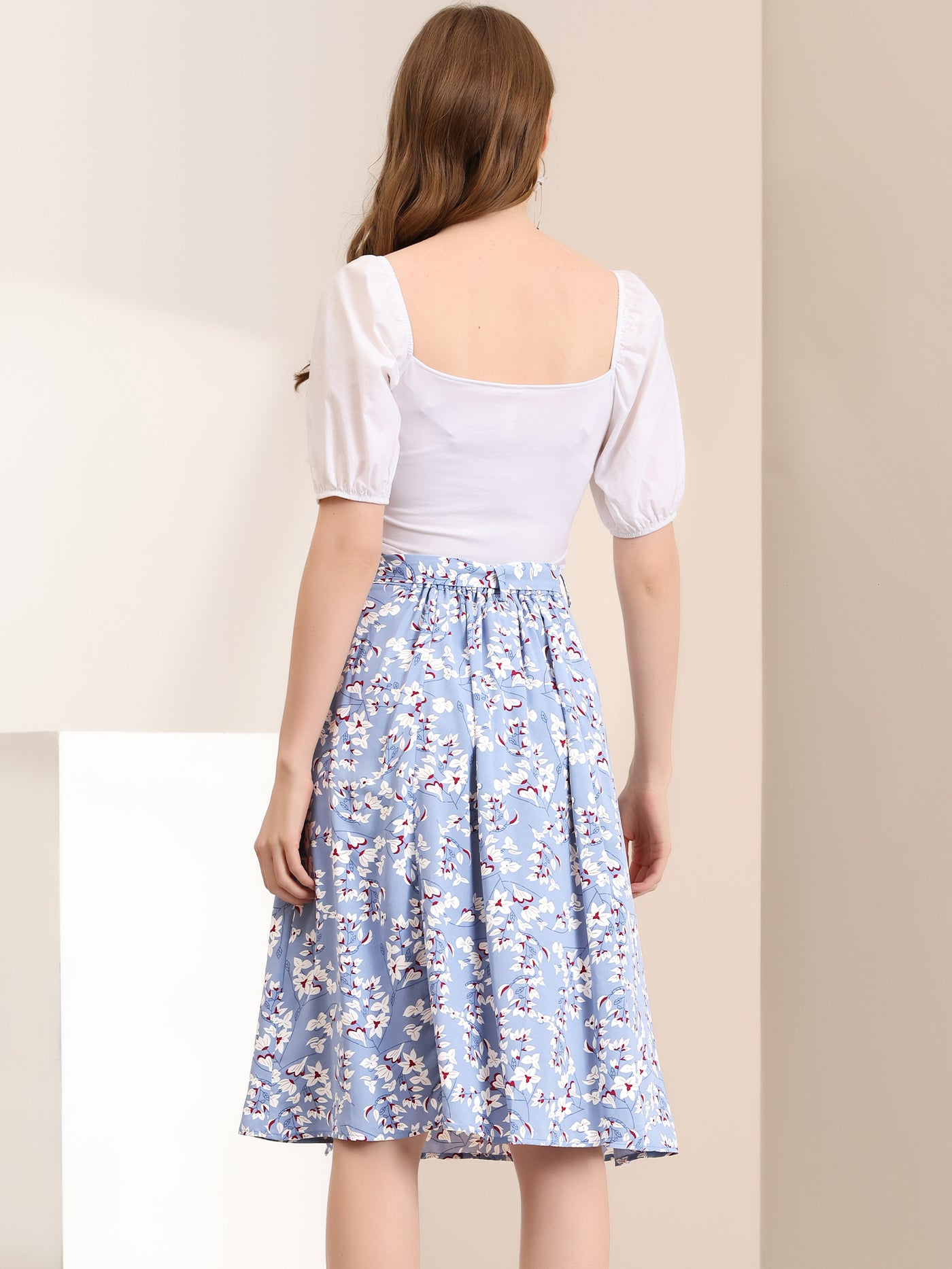 Allegra K Slits Front High Waist A-Line Belted Floral Flowy Midi Skirt