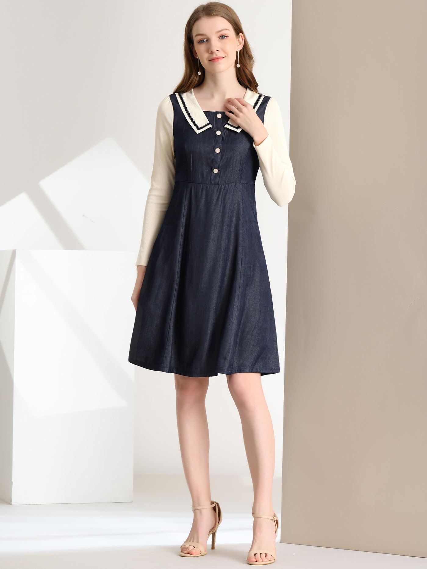 Allegra K Chambray Contrast Collar Long Sleeve Fit and Flare Denim Dress