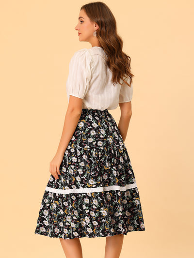 Floral Tropical Lace Insert Elastic Drawstring Midi Tiered Skirt