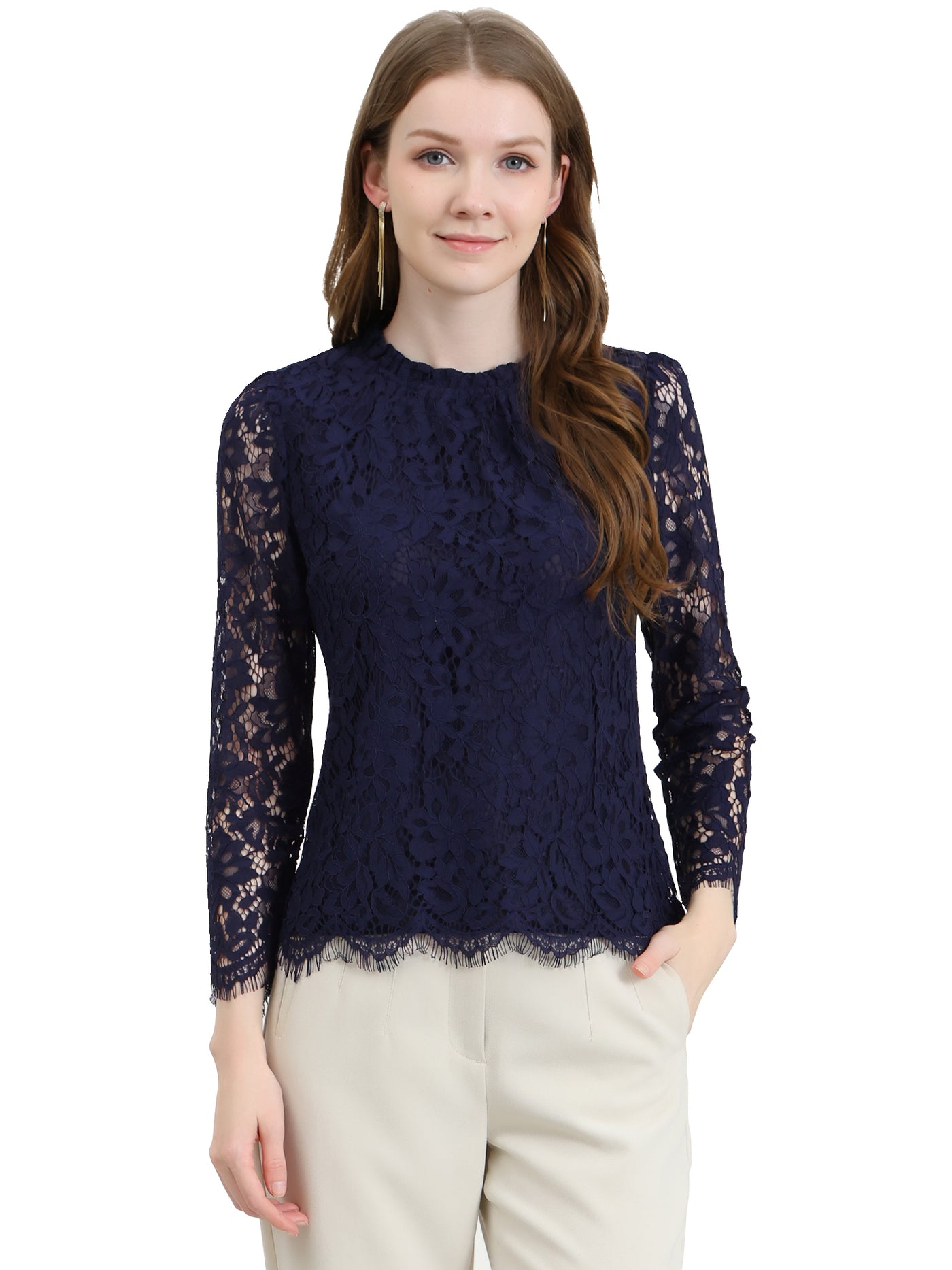 Allegra K Lace Long Sleeve Ruffle Stand Neck Floral Blouse