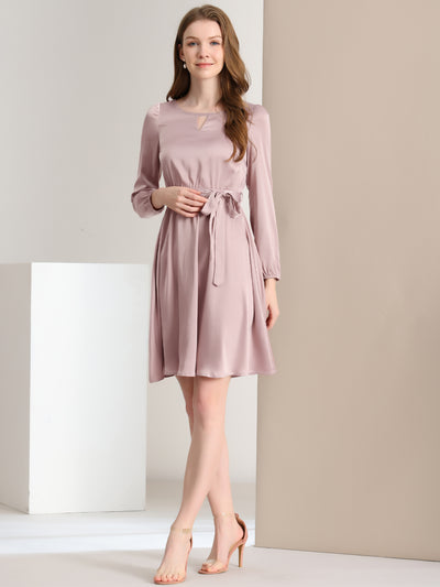 Allegra K Casual Business Round Neck Keyhole Belted Long Sleeve Satin Dress
