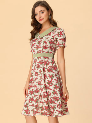 Retro Short Sleeve Floral V Neck Knee Length Prairie Dress