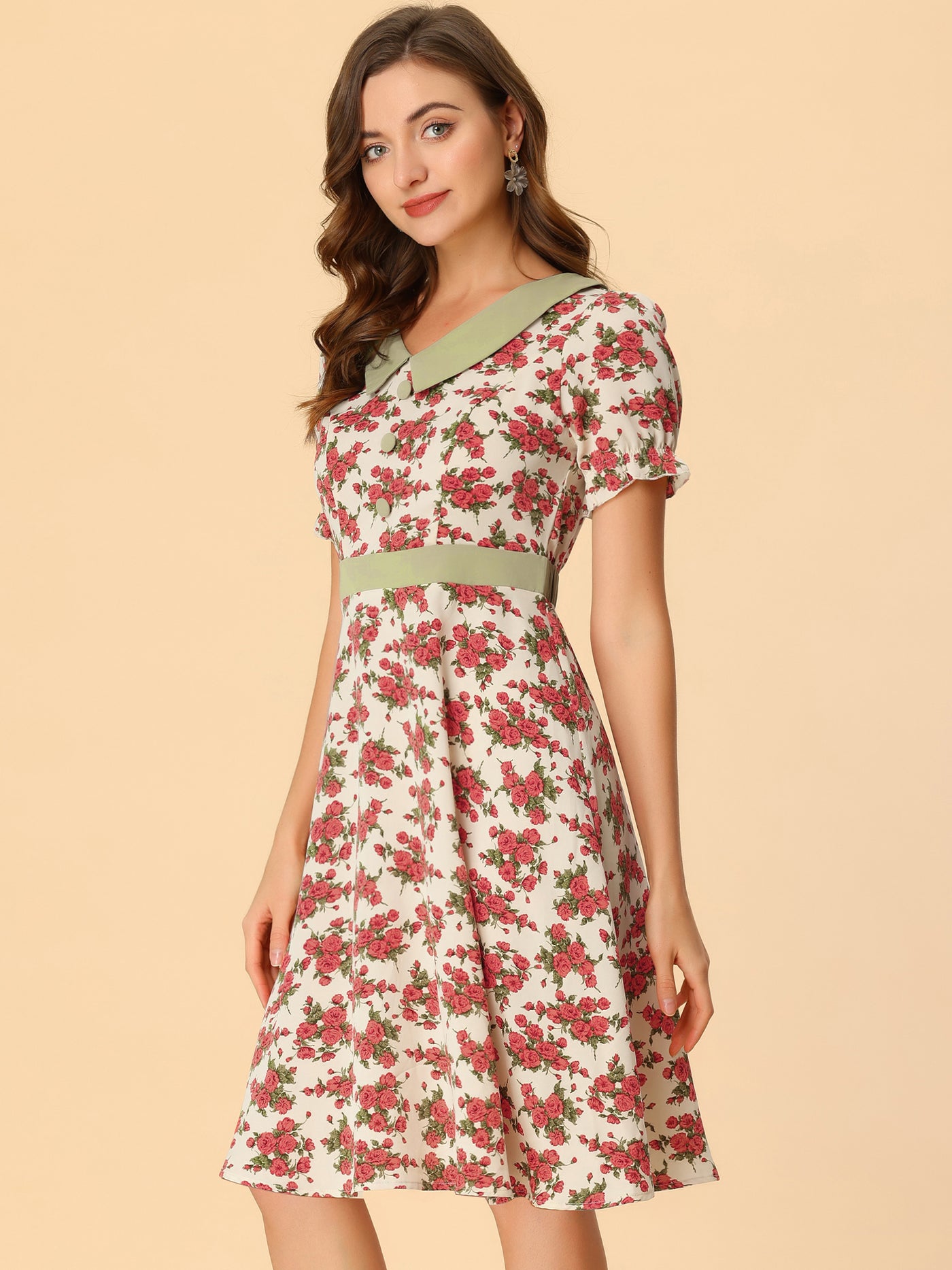 Allegra K Retro Short Sleeve Floral V Neck Knee Length Prairie Dress