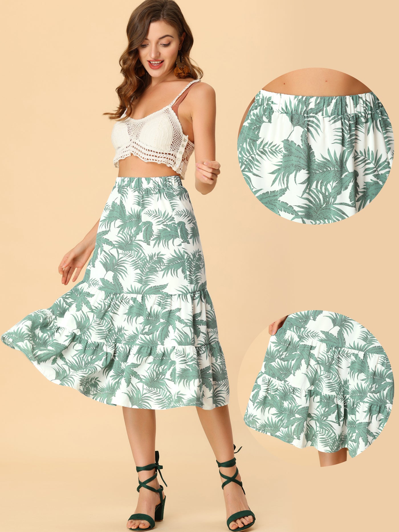 Allegra K Tiered Skirt for Women's Summer Beach Hawaiian Tropical Boho Midi Skirt