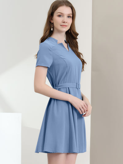 Allegra K V Neck Short Sleeve A-Line Belted Elegant Work Dress