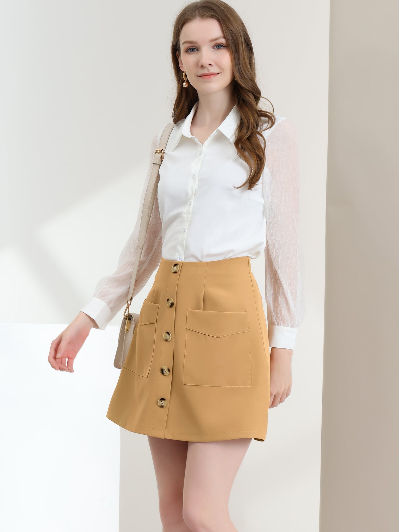 Allegra K Work Office Button A-Line High Wasit Mini Short Skirt
