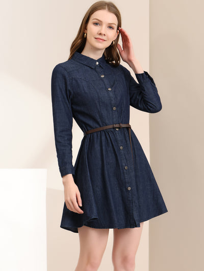 Denim Button Down Belted Pleated Flare A-line Shirt Dress