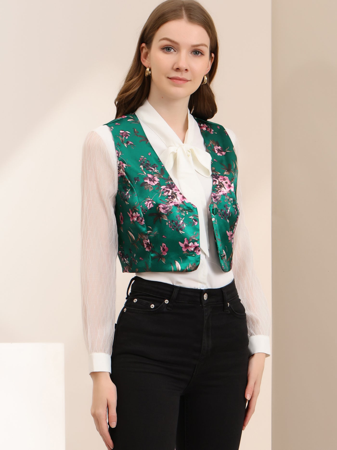 Allegra K Floral Pattern Button Closure Satin Waistcoat Vest