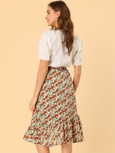 Summer Floral Elastic Waist High Low Ruffle Hem Midi Skirt