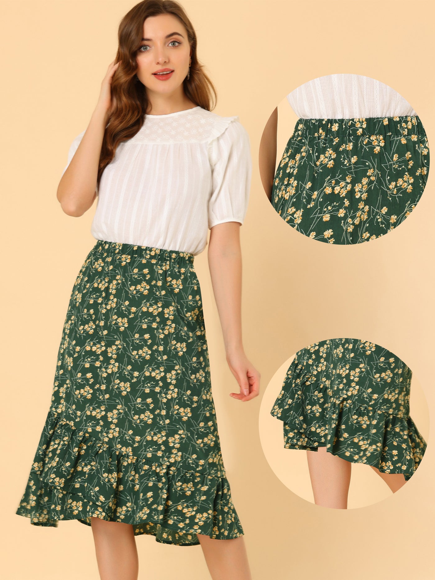 Allegra K Summer Floral Elastic Waist High Low Ruffle Hem Midi Skirt