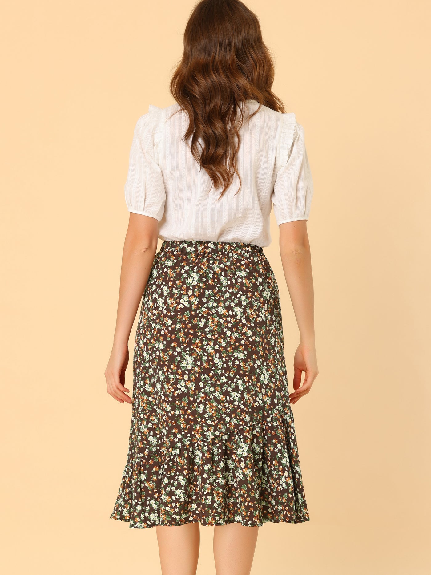Allegra K Summer Floral Elastic Waist High Low Ruffle Hem Midi Skirt