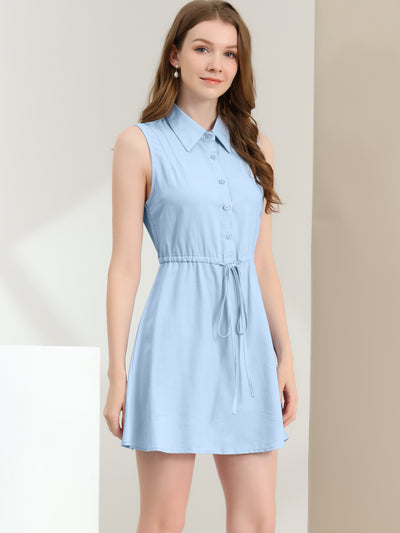 Sleeveless Point Collar Drawstring Waist Button Down Shirt Dress