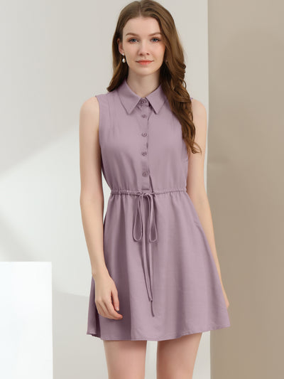 Sleeveless Point Collar Drawstring Waist Button Down Shirt Dress