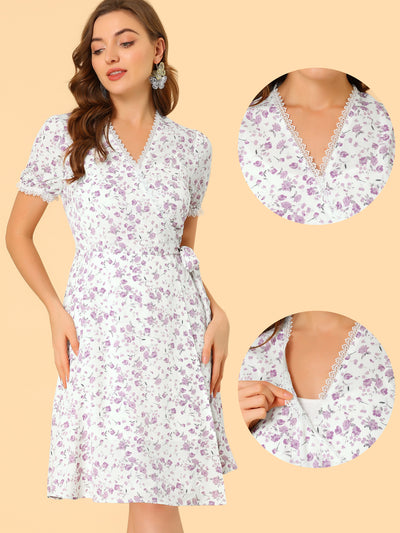 V Neck Wrap Short Sleeve Knee Length Floral Print Dress