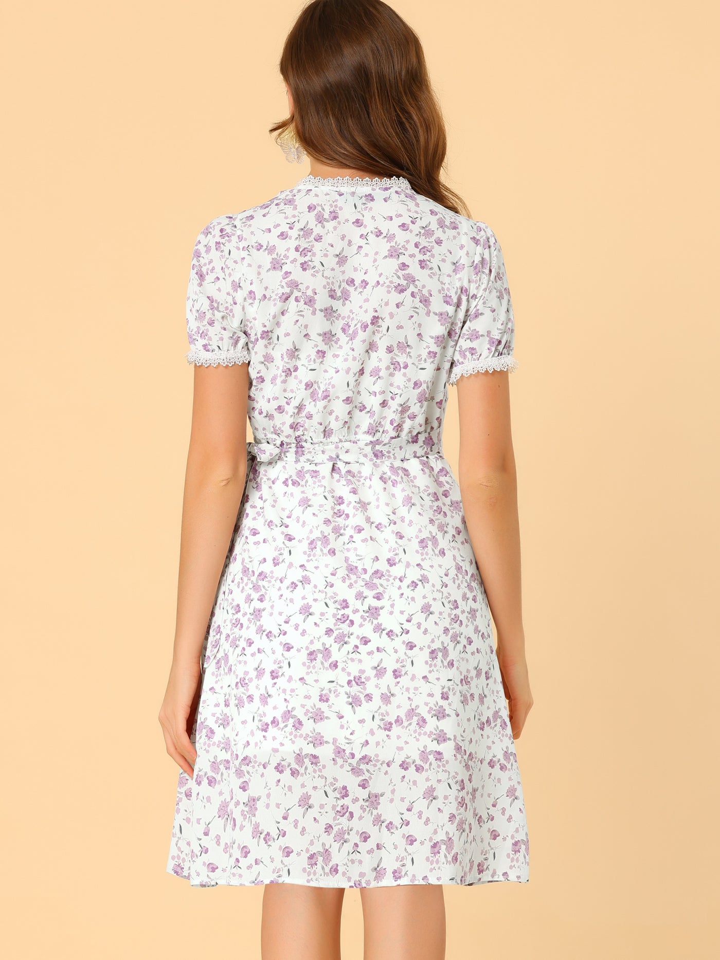 Allegra K V Neck Wrap Short Sleeve Knee Length Floral Print Dress