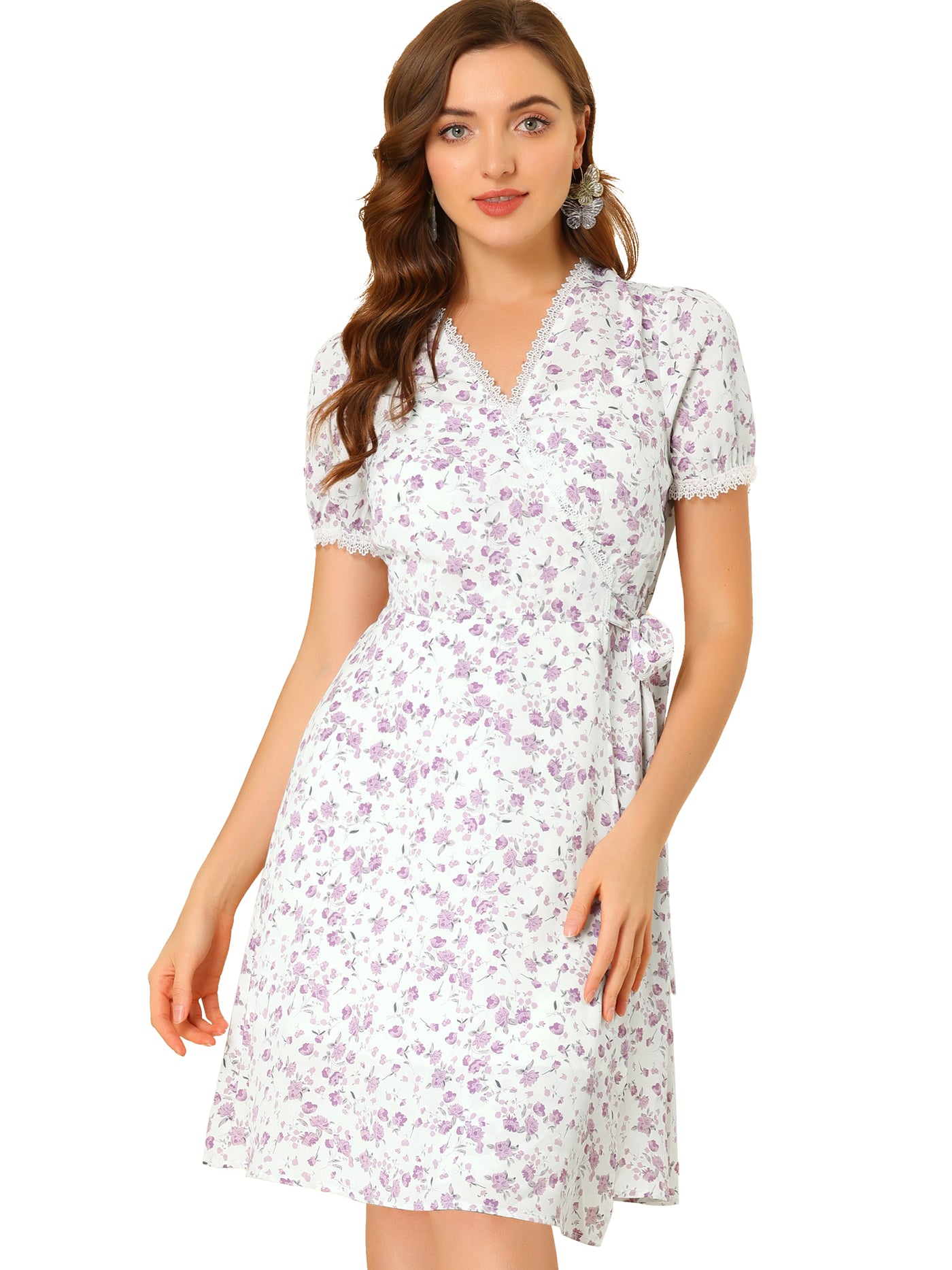 Allegra K V Neck Wrap Short Sleeve Knee Length Floral Print Dress