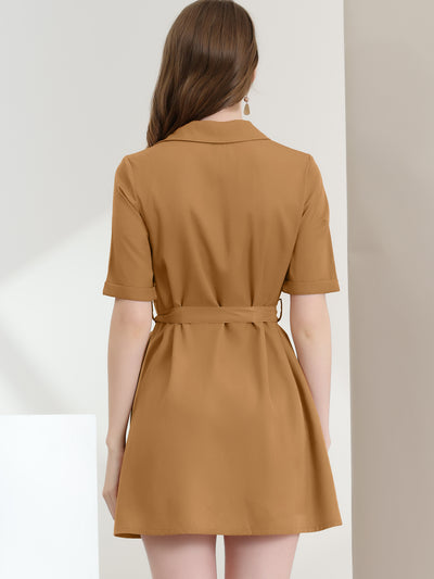 Safari Dresses for Women's Short Sleeve A-Line Belted Button Up Dress