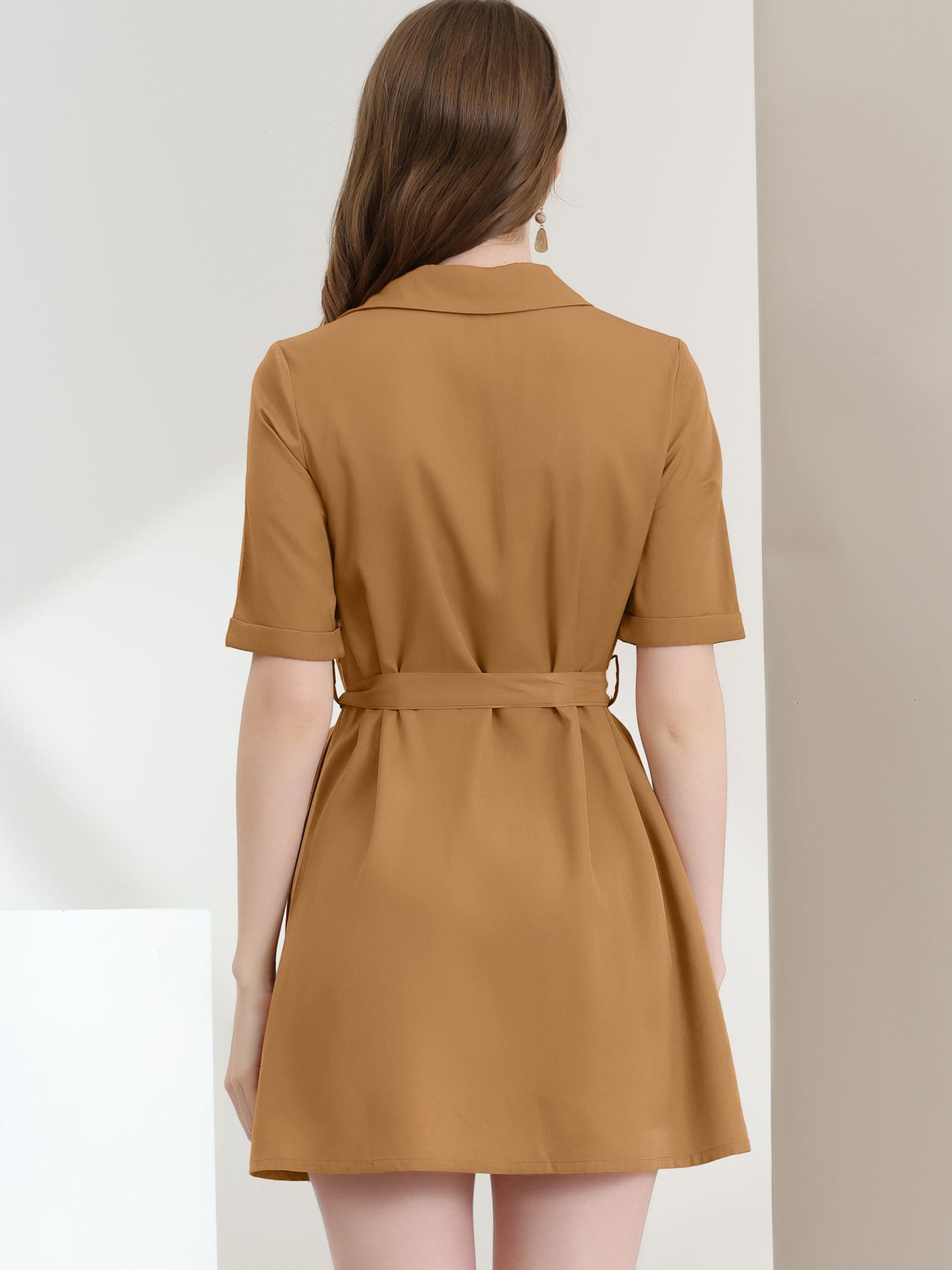 Allegra K Safari Dresses for Women's Short Sleeve A-Line Belted Button Up Dress
