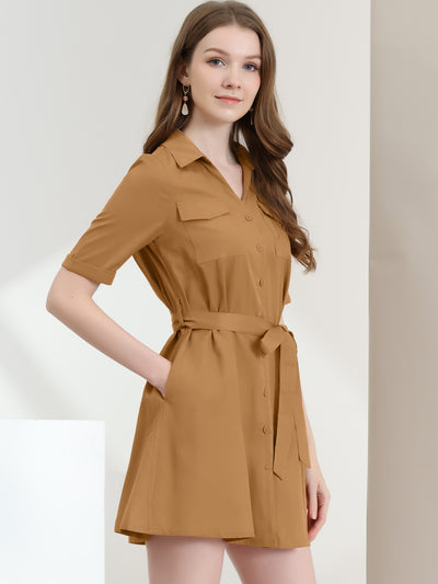 Safari Dresses for Women's Short Sleeve A-Line Belted Button Up Dress