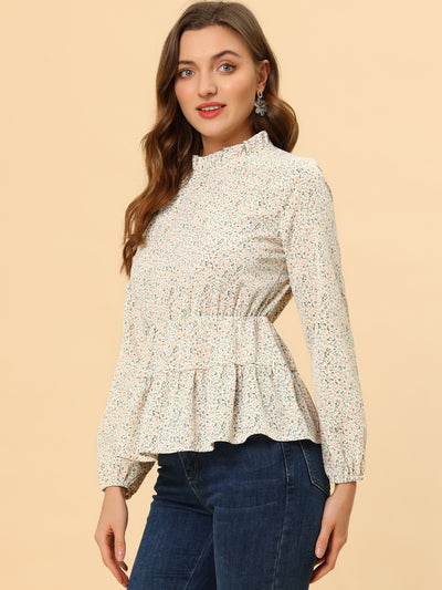 Ruffled Peplum Blouse Top Stand Collar Long Sleeve Floral Shirt