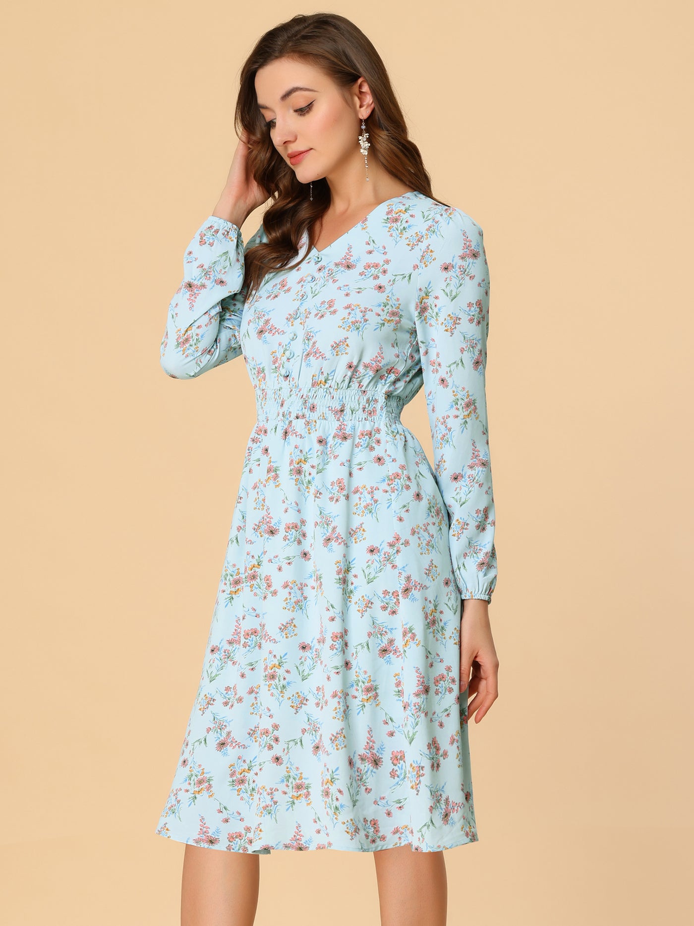 Allegra K Floral Print V-Neck Long Sleeve Smocked Waist Midi Dress
