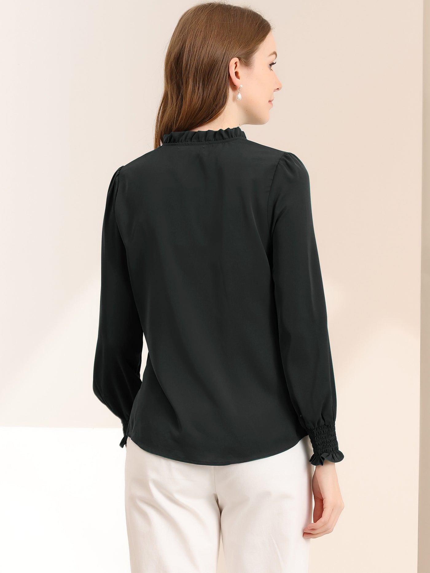 Allegra K Work Shirt Ruffled V Neck Long Sleeve Workwear Solid Blouse