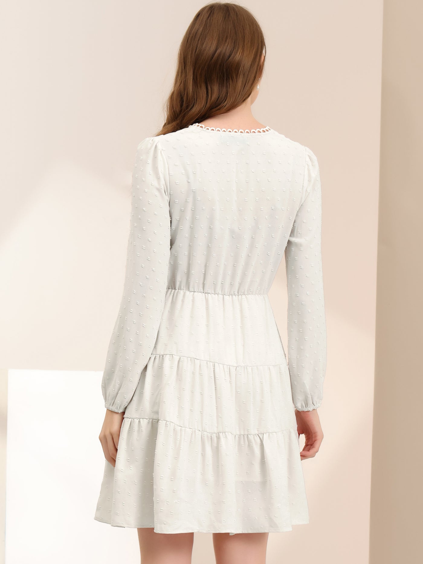 Allegra K Puff Sleeve V Neck A-Line Tiered Swiss Dots Dress