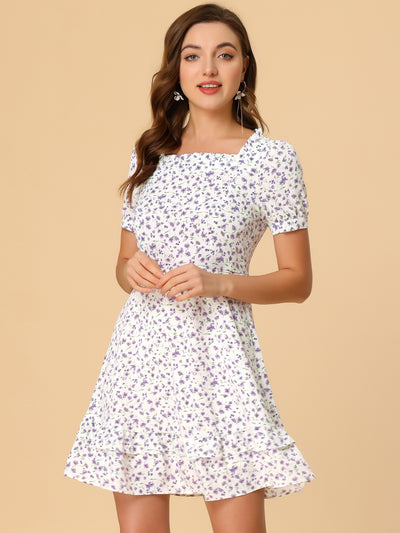 Square Neck Flowy Ruffle Trim A-line Short Sleeve Floral Dress